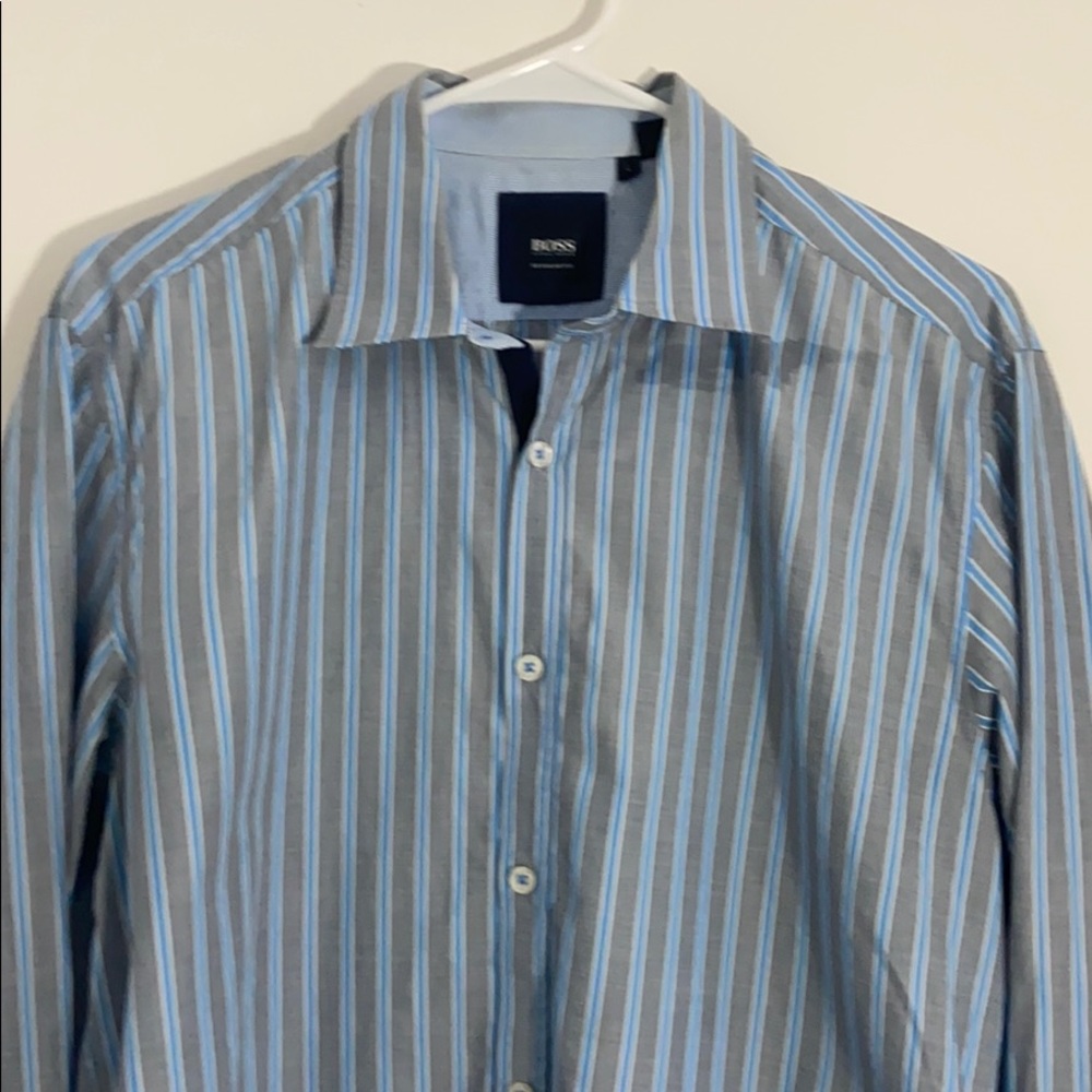 Hugo Boss Men's Blue Stripe Cotton Dress Shirt L